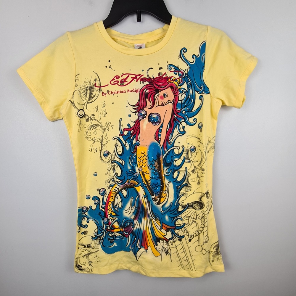 Ed Hardy Christian Audigier Mermaid Graphic Rhinestone Baby Tee Yellow L Y2K